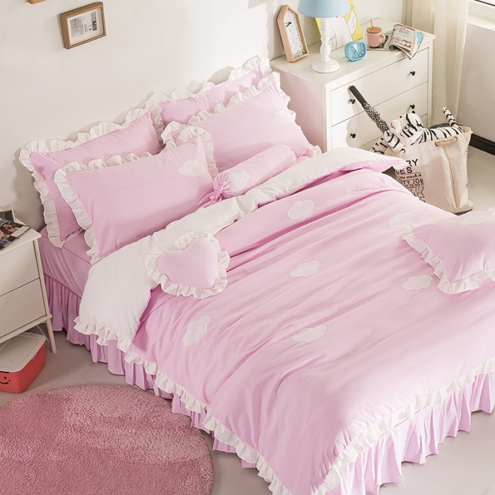 91家纺网 家纺一手货源 找家纺 欧冠家纺 水洗磨毛卡通床裙款四件套 云朵粉