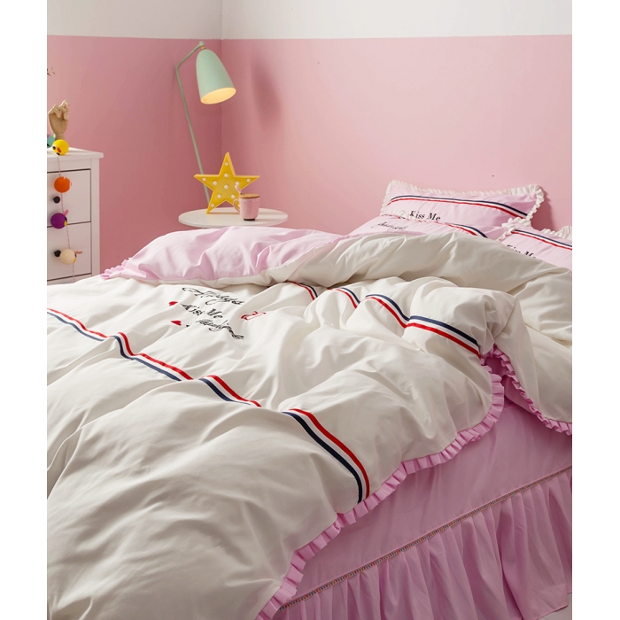 91家纺网 家纺一手货源 找家纺 2018欧冠家纺INS典藏版爆款四件套 床裙款 INS-粉白