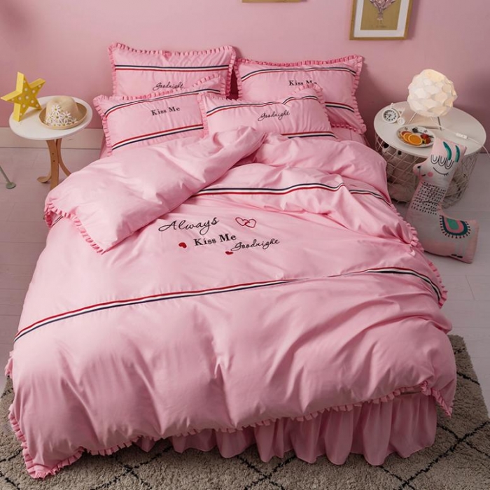 91家纺网 家纺一手货源 找家纺 2018欧冠家纺INS典藏版爆款四件套 床裙款 INS-深粉