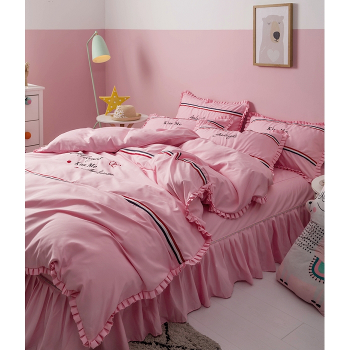 91家纺网 家纺一手货源 找家纺 2018欧冠家纺INS典藏版爆款四件套 床裙款 INS-深粉