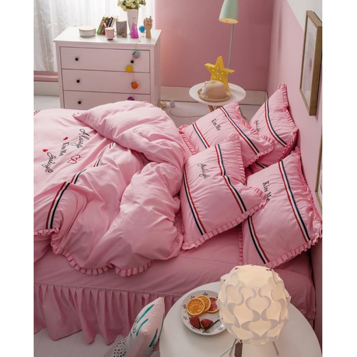 91家纺网 家纺一手货源 找家纺 2018欧冠家纺INS典藏版爆款四件套 床裙款 INS-深粉