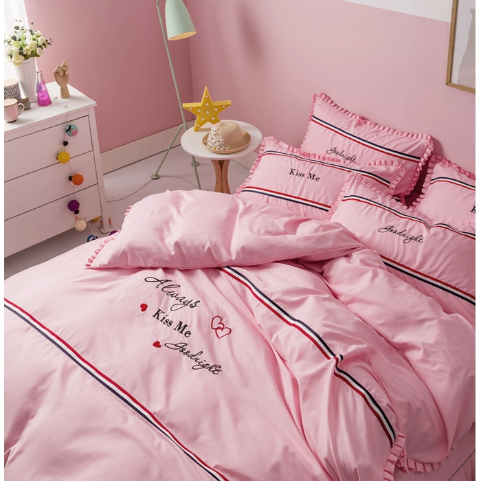 91家纺网 家纺一手货源 找家纺 2018欧冠家纺INS典藏版爆款四件套 床裙款 INS-深粉