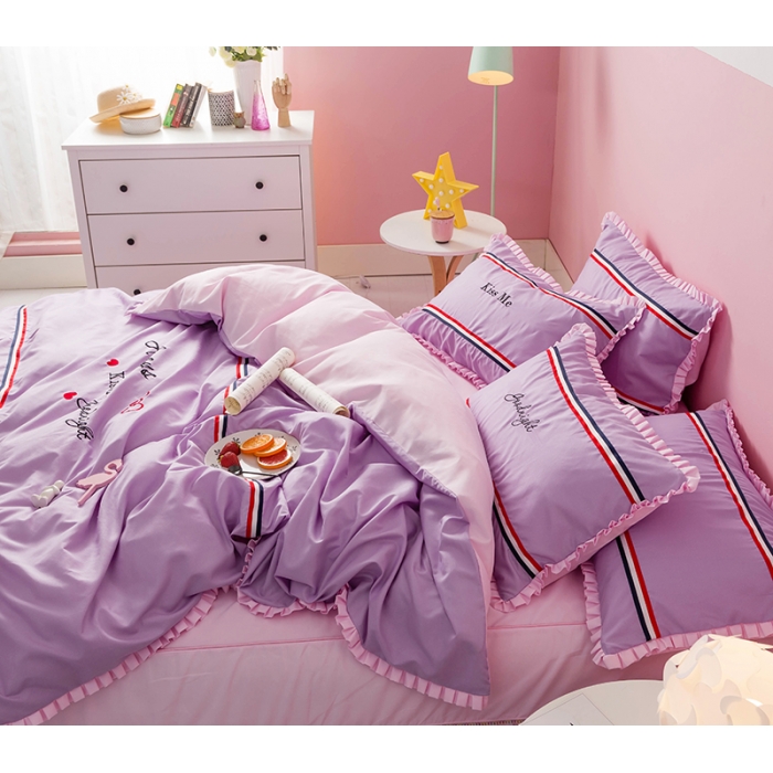 91家纺网 家纺一手货源 找家纺 2018欧冠家纺INS典藏版爆款四件套 床裙款 INS-紫粉