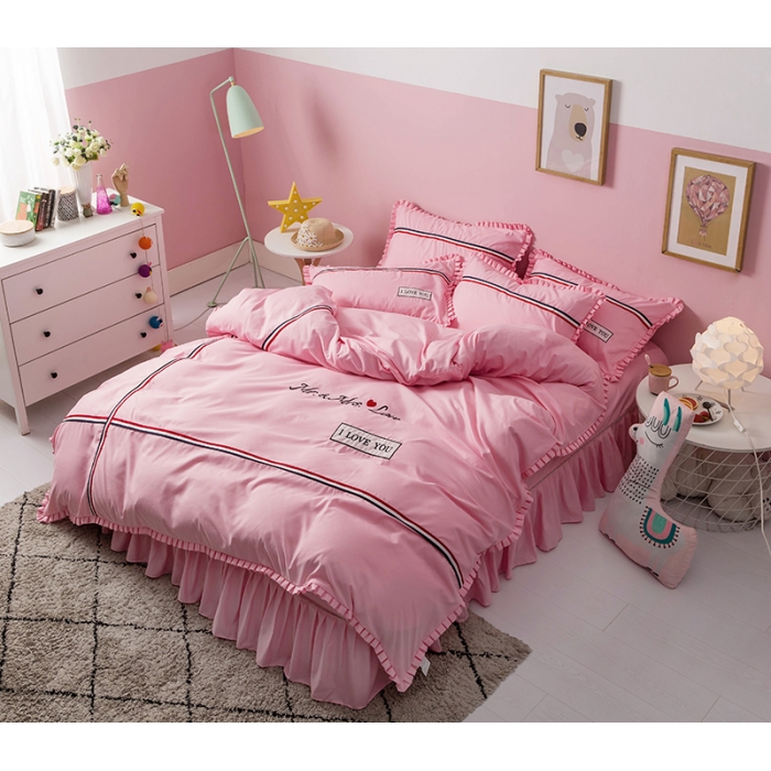 91家纺网 家纺一手货源 找家纺 2018欧冠家纺INS典藏版爆款四件套床裙款 love-深粉