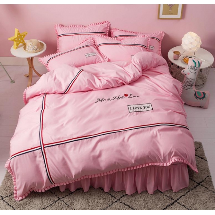 91家纺网 家纺一手货源 找家纺 2018欧冠家纺INS典藏版爆款四件套床裙款 love-深粉