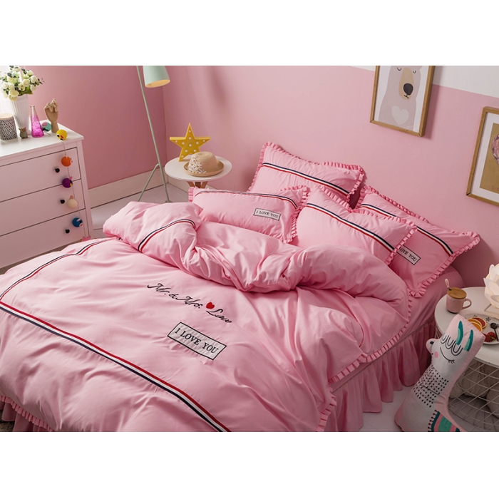 91家纺网 家纺一手货源 找家纺 2018欧冠家纺INS典藏版爆款四件套床裙款 love-深粉