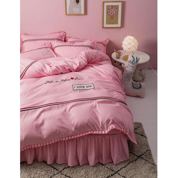 91家纺网 家纺一手货源 找家纺 2018欧冠家纺INS典藏版爆款四件套床裙款 love-深粉