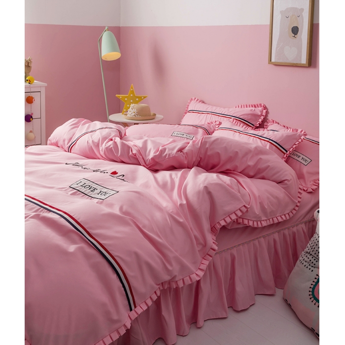 91家纺网 家纺一手货源 找家纺 2018欧冠家纺INS典藏版爆款四件套床裙款 love-深粉