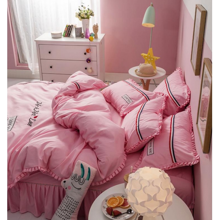 91家纺网 家纺一手货源 找家纺 2018欧冠家纺INS典藏版爆款四件套床裙款 love-深粉