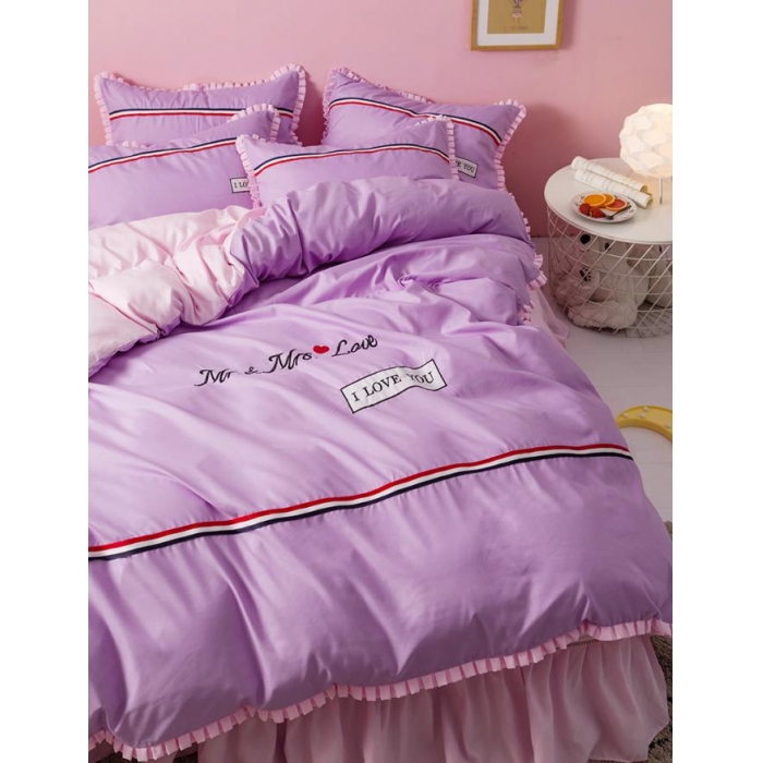 91家纺网 家纺一手货源 找家纺 2018欧冠家纺INS典藏版爆款四件套床裙款 love-紫粉