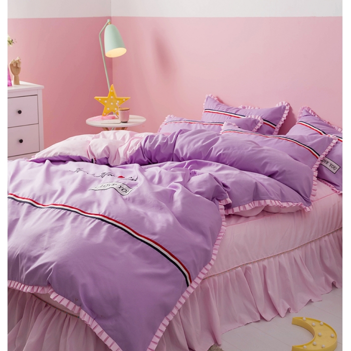 91家纺网 家纺一手货源 找家纺 2018欧冠家纺INS典藏版爆款四件套床裙款 love-紫粉