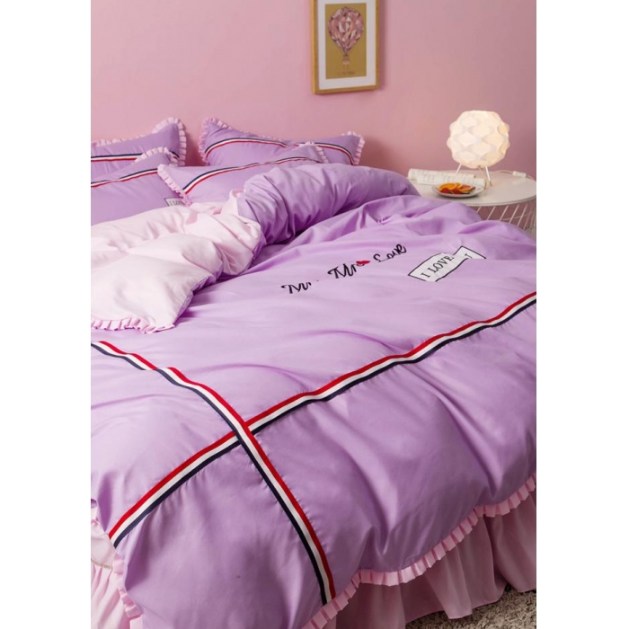 91家纺网 家纺一手货源 找家纺 2018欧冠家纺INS典藏版爆款四件套床裙款 love-紫粉