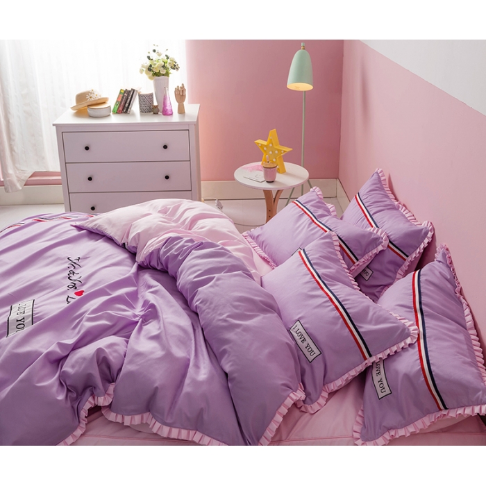 91家纺网 家纺一手货源 找家纺 2018欧冠家纺INS典藏版爆款四件套床裙款 love-紫粉