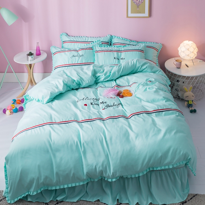 91家纺网 家纺一手货源 找家纺 2018欧冠家纺INS典藏版爆款四件套 床裙款INS-果绿