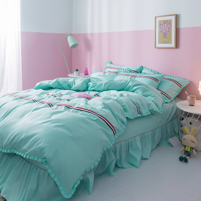 91家纺网 家纺一手货源 找家纺 2018欧冠家纺INS典藏版爆款四件套 床裙款INS-果绿