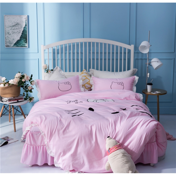 91家纺网 家纺一手货源 找家纺 欧冠家纺 水洗磨毛卡通床裙款四件套 美美猫全粉