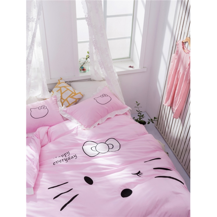 91家纺网 家纺一手货源 找家纺 欧冠家纺 水洗磨毛卡通床裙款四件套 美美猫全粉