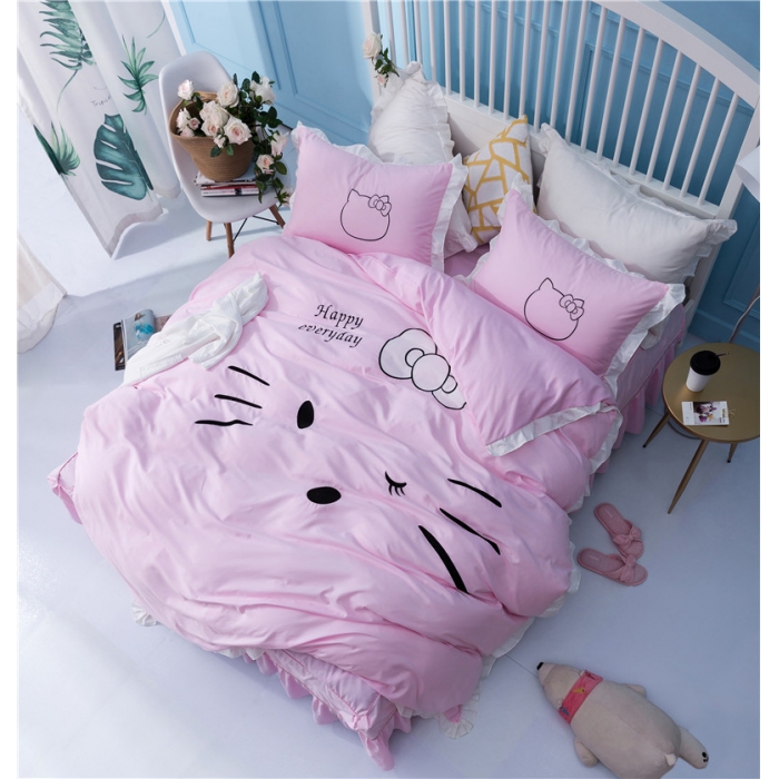 91家纺网 家纺一手货源 找家纺 欧冠家纺 水洗磨毛卡通床裙款四件套 美美猫全粉