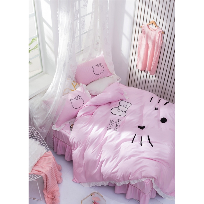 91家纺网 家纺一手货源 找家纺 欧冠家纺 水洗磨毛卡通床裙款四件套 美美猫全粉