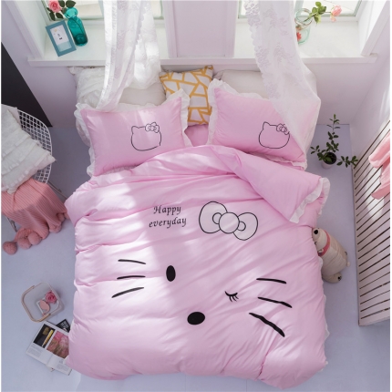 91家纺网 家纺一手货源 找家纺 欧冠家纺 水洗磨毛卡通床裙款四件套 美美猫全粉