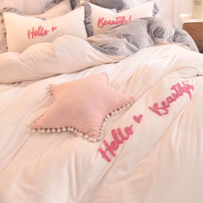 91家纺网 家纺一手货源 找家纺 欧冠家纺 宝宝绒毛巾绣四件套 灰白