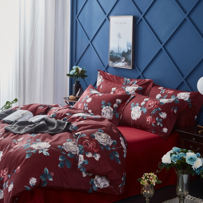 91家纺网 家纺一手货源 找家纺 棉生活 高端系列60长绒棉四件套床单款伊娜-红