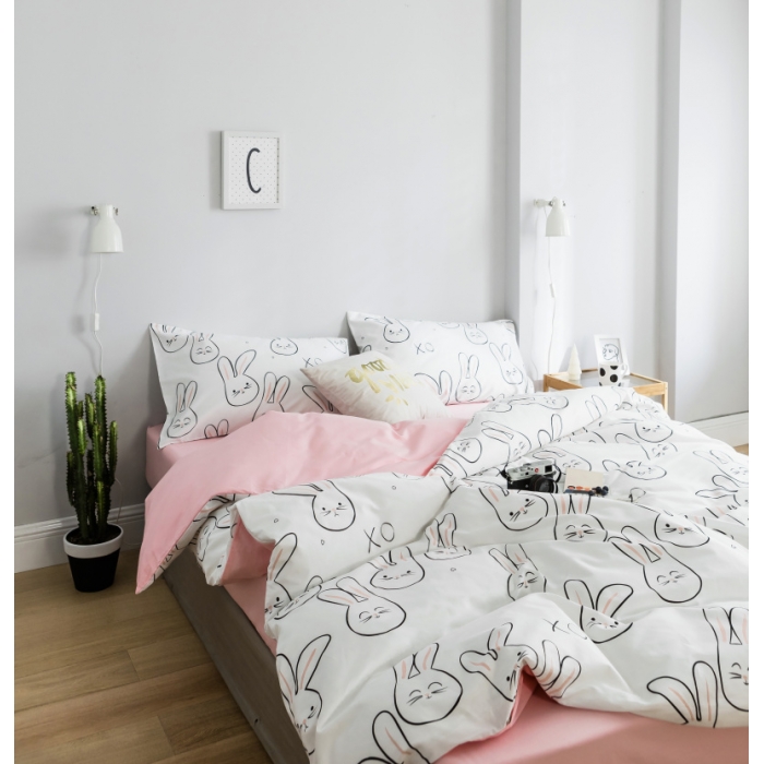 91家纺网 家纺一手货源 找家纺 棉生活 2019新款13372萌系小清新四件套床单款可爱小兔