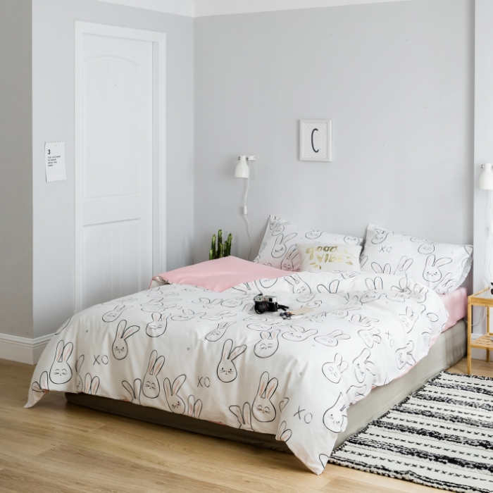 91家纺网 家纺一手货源 找家纺 棉生活 2019新款13372萌系小清新四件套床单款可爱小兔