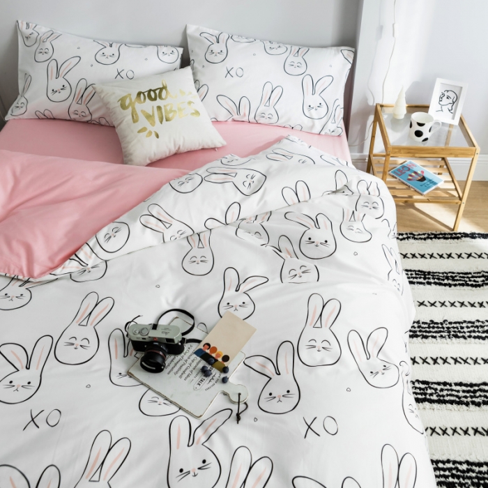 91家纺网 家纺一手货源 找家纺 棉生活 2019新款13372萌系小清新四件套床单款可爱小兔