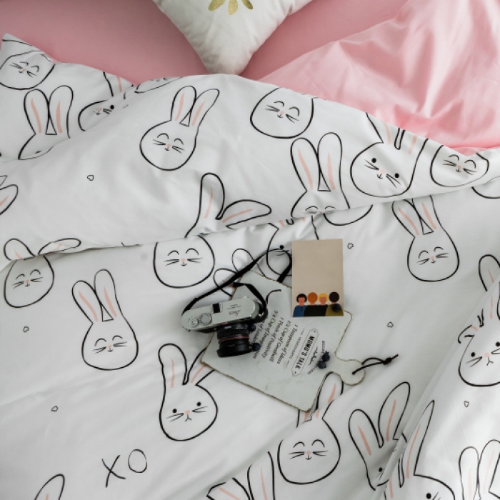 91家纺网 家纺一手货源 找家纺 棉生活 2019新款13372萌系小清新四件套床单款可爱小兔