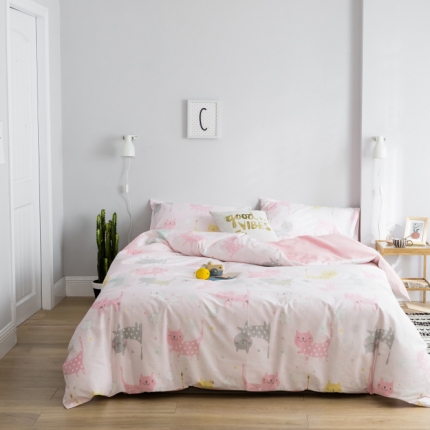 棉生活 2019新款13372萌系小清新四件套床单款猫咪宝贝