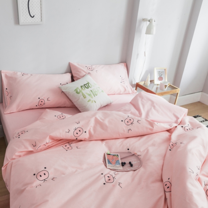 91家纺网 家纺一手货源 找家纺 棉生活 2019新款13372萌系小清新四件套床单款奶油小猪