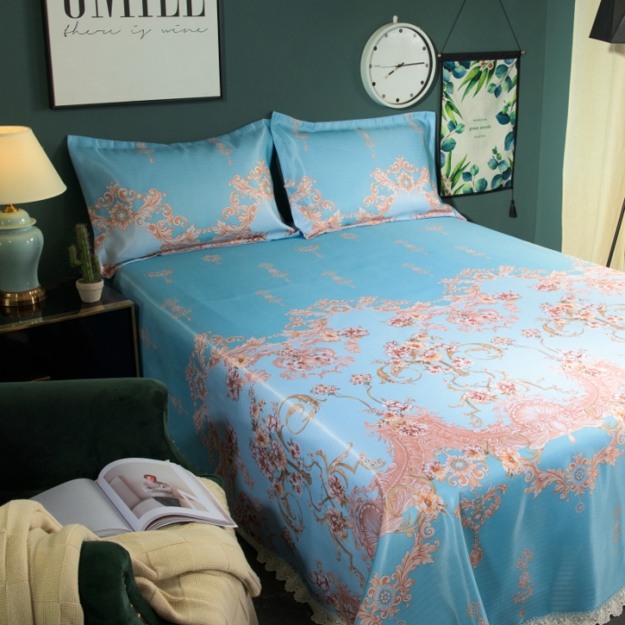 91家纺网 家纺一手货源 找家纺 棉生活 2020春夏新品600D冰丝软凉席三件套春之密语-蓝