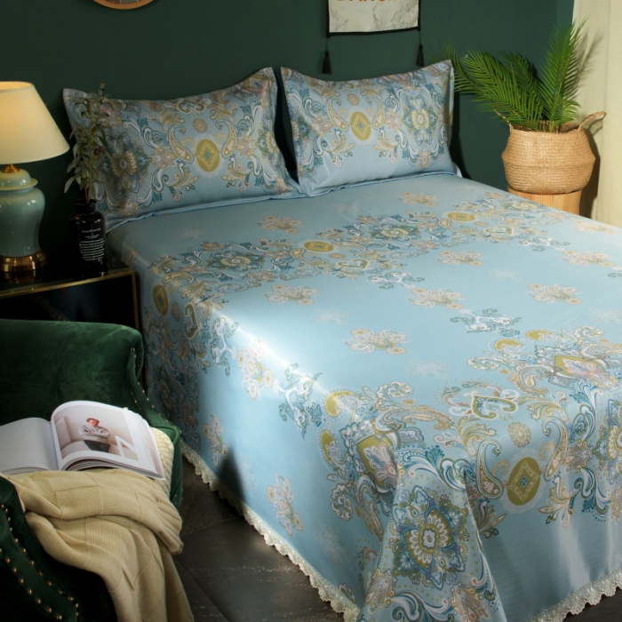 91家纺网 家纺一手货源 找家纺 棉生活 2020春夏新品600D冰丝软凉席三件套 恬静-蓝