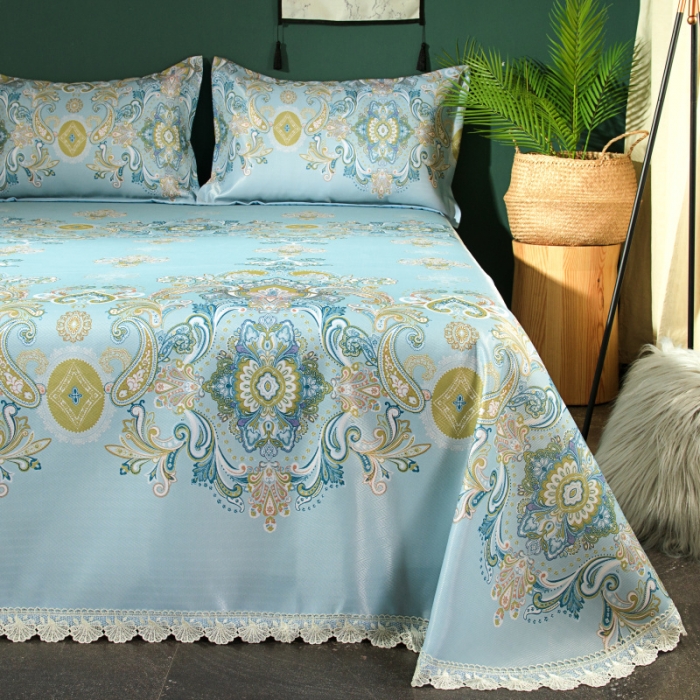 91家纺网 家纺一手货源 找家纺 棉生活 2020春夏新品600D冰丝软凉席三件套 恬静-蓝