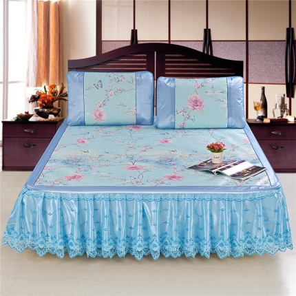 91家纺网 家纺一手货源 找家纺 米莱 无纺布凉席床裙印花床裙凉席 花榭飞舞蓝