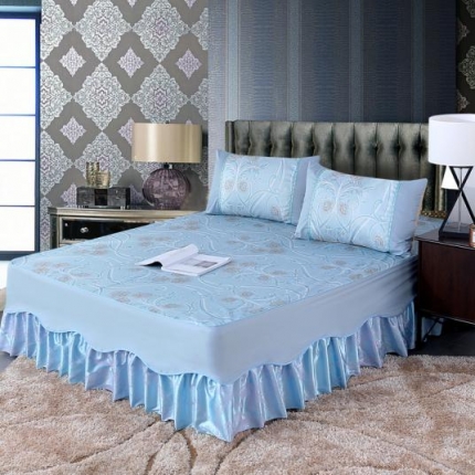 91家纺网 家纺一手货源 找家纺 米莱 新款机洗床笠床裙凉席 蓝调伯爵