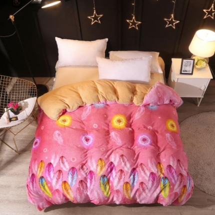 91家纺网 家纺一手货源 找家纺 米莱家纺 2018新款加厚法莱绒单被套 七彩羽毛