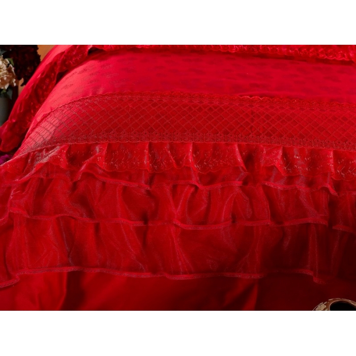 91家纺网 家纺一手货源 找家纺 晶缦家纺 薇薇新娘蕾丝贡缎四-七件套 大红