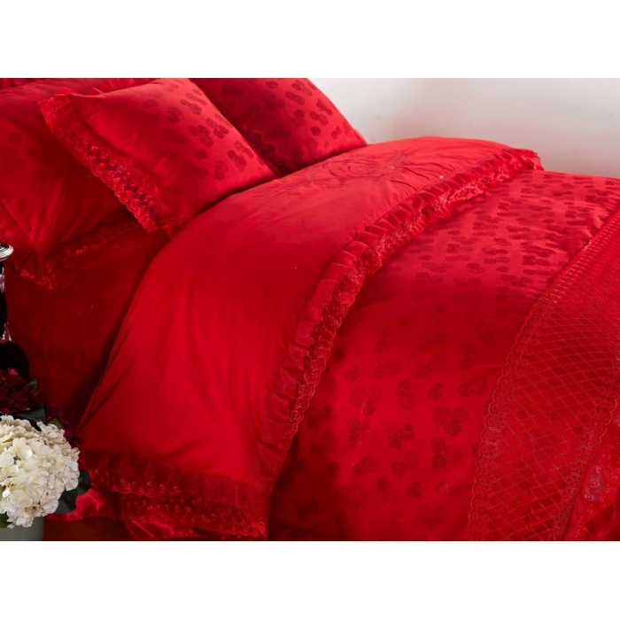 91家纺网 家纺一手货源 找家纺 晶缦家纺 薇薇新娘蕾丝贡缎四-七件套 大红