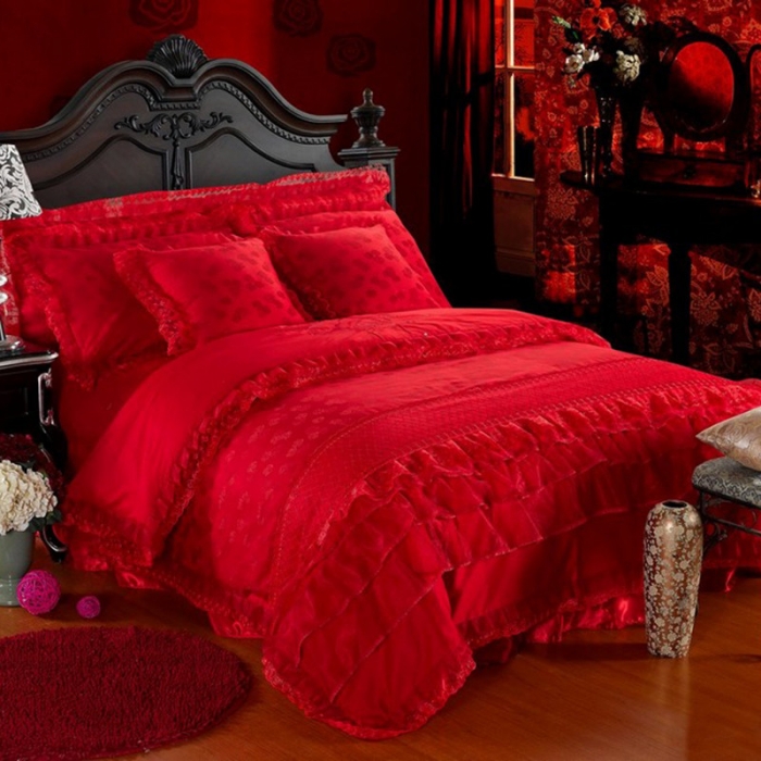 91家纺网 家纺一手货源 找家纺 晶缦家纺 薇薇新娘蕾丝贡缎四-七件套 大红