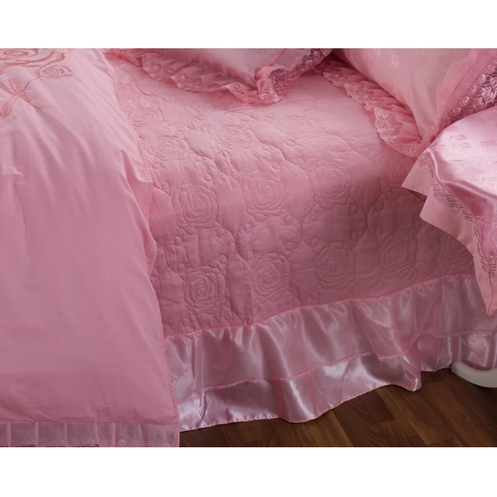 91家纺网 家纺一手货源 找家纺 晶缦家纺 薇薇新娘蕾丝贡缎四-七件套 粉