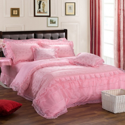 晶缦家纺 薇薇新娘蕾丝贡缎四-七件套 粉