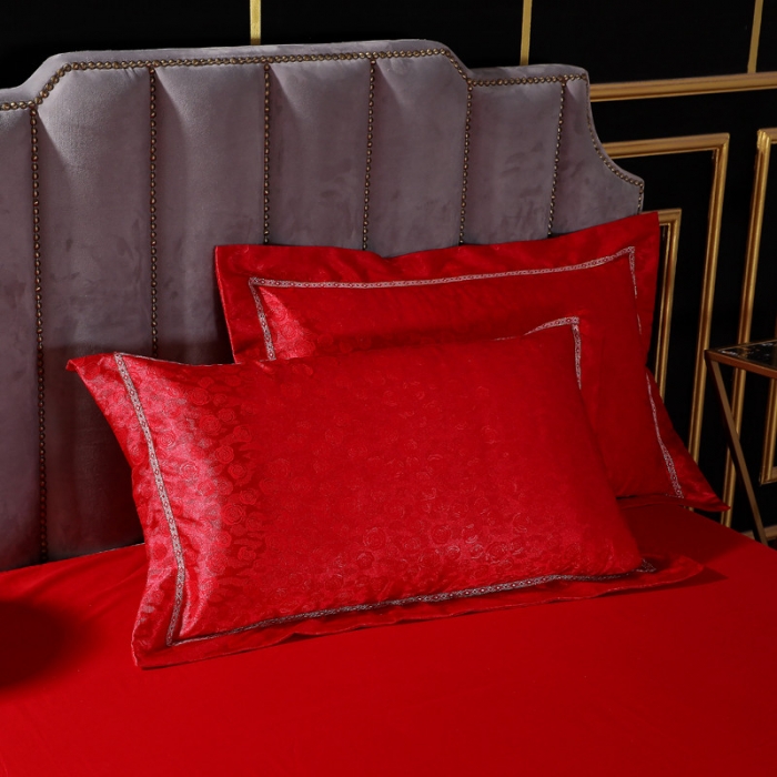 91家纺网 家纺一手货源 找家纺 玫瑰情缘大红2020新款60S天丝提花四件套全棉纯棉贡缎婚庆