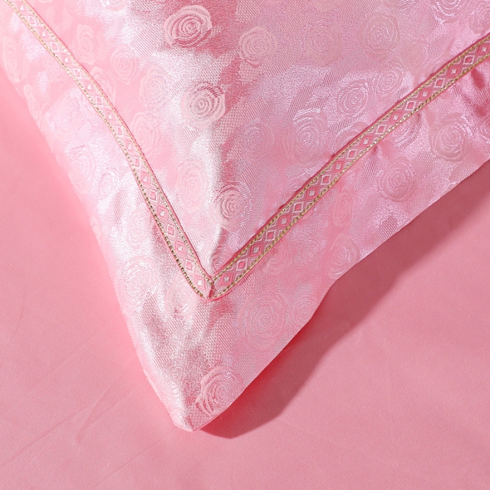 91家纺网 家纺一手货源 找家纺 玫瑰情缘玉色 2019新款柔丝棉提花四件套 纯棉全棉贡缎婚庆