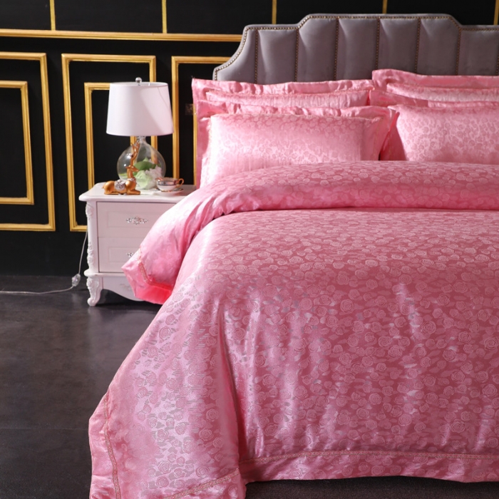 91家纺网 家纺一手货源 找家纺 玫瑰情缘玉色 2019新款柔丝棉提花四件套 纯棉全棉贡缎婚庆