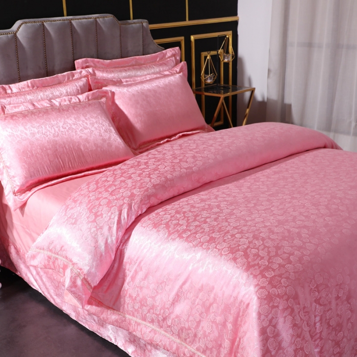 91家纺网 家纺一手货源 找家纺 玫瑰情缘玉色 2019新款柔丝棉提花四件套 纯棉全棉贡缎婚庆