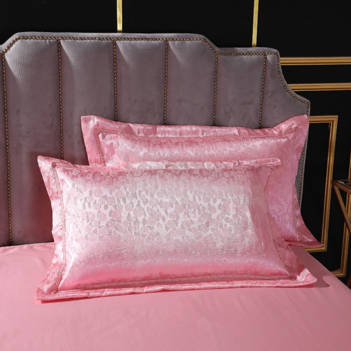 91家纺网 家纺一手货源 找家纺 玫瑰情缘玉色 2019新款柔丝棉提花四件套 纯棉全棉贡缎婚庆