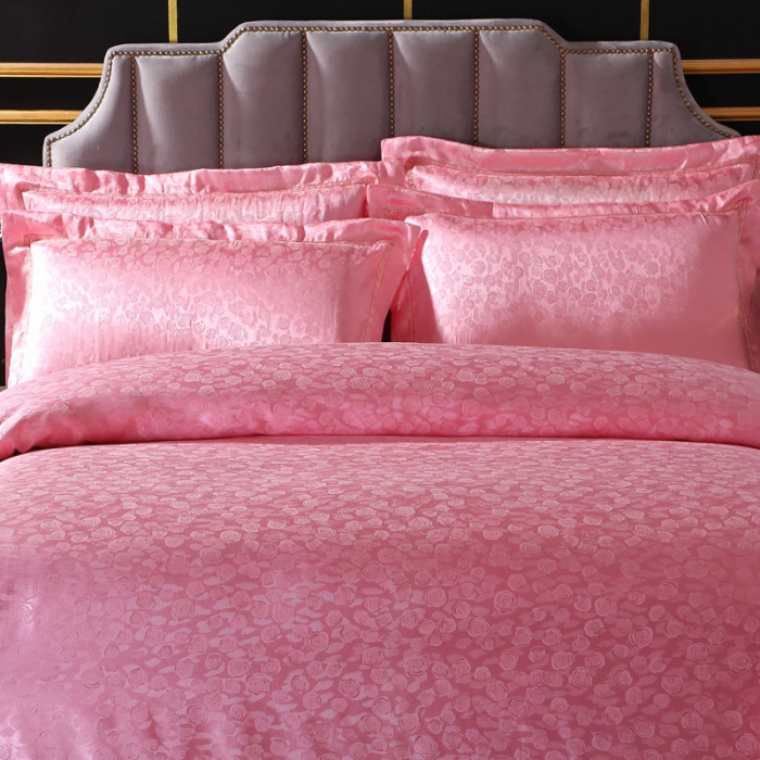 91家纺网 家纺一手货源 找家纺 玫瑰情缘玉色 2019新款柔丝棉提花四件套 纯棉全棉贡缎婚庆