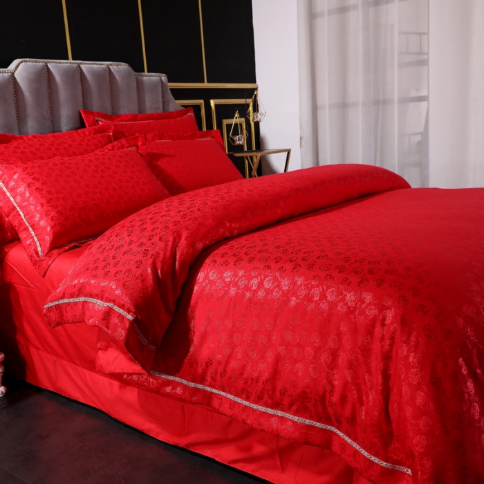 91家纺网 家纺一手货源 找家纺 玫瑰之恋大红 2019新款柔丝棉提花四件套 纯棉全棉贡缎婚庆